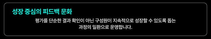 성장 중심의 피드백 문화: 평가를 단순한 결과 확인이 아닌 구성원이 지속적으로 성장할 수 있도록 돕는 과정의 일환으로 운영합니다.